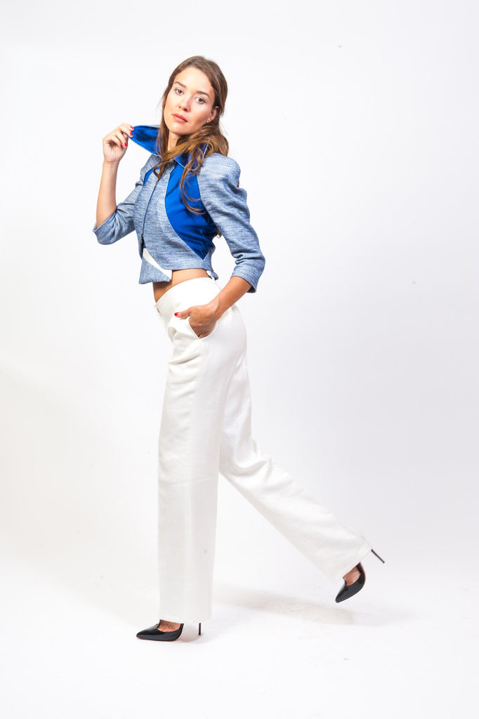 Blue Jacket White Pants