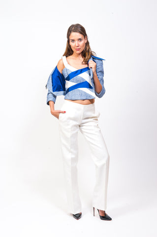 Blue Jacket White Pants