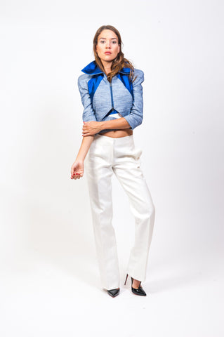 Blue Jacket White Pants